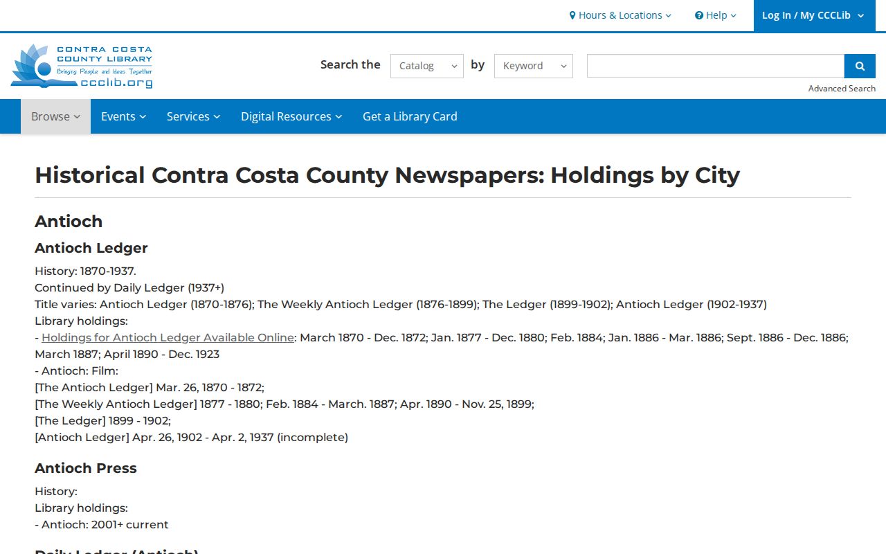 Walnut Creek city directory historical newspaper holdings