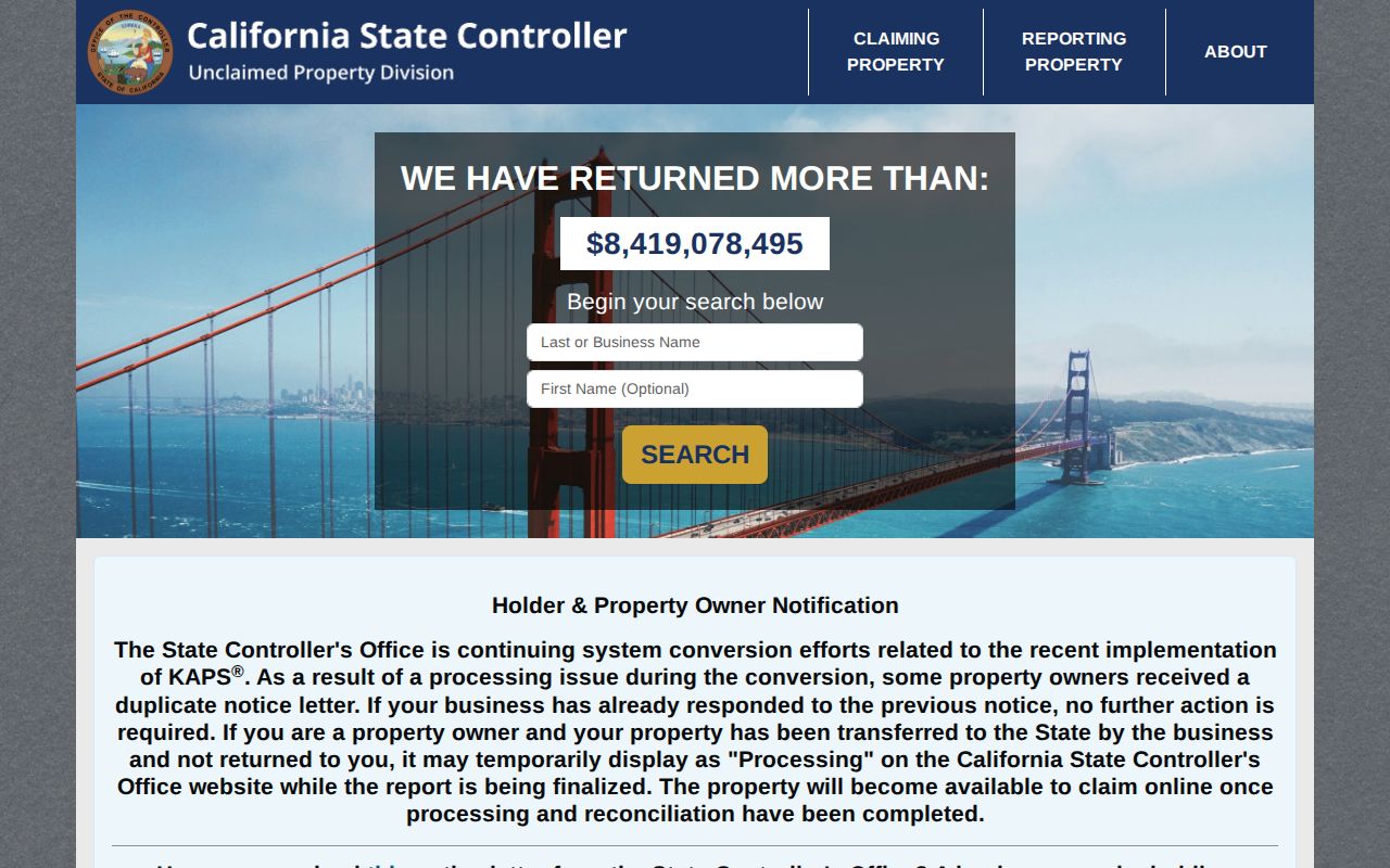 Walnut Creek previous residents unclaimed property search interface