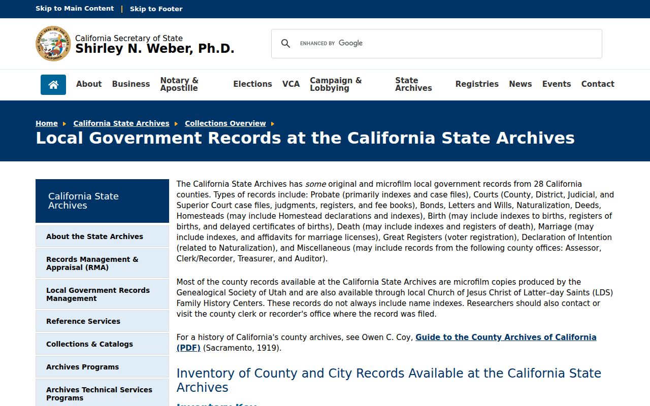 Walnut Creek previous residents State Archives county records guide
