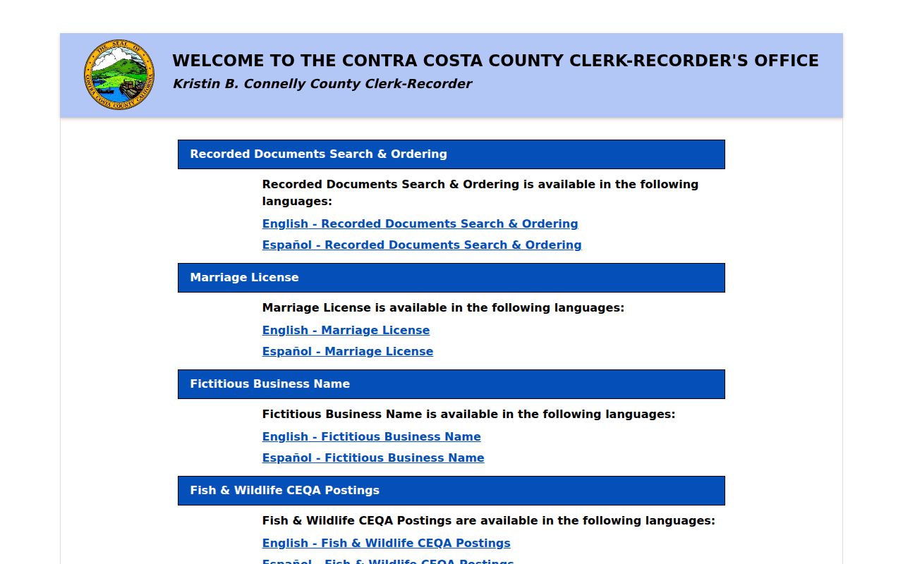 Walnut Creek street directory Clerk-Recorder gateway for recorded documents