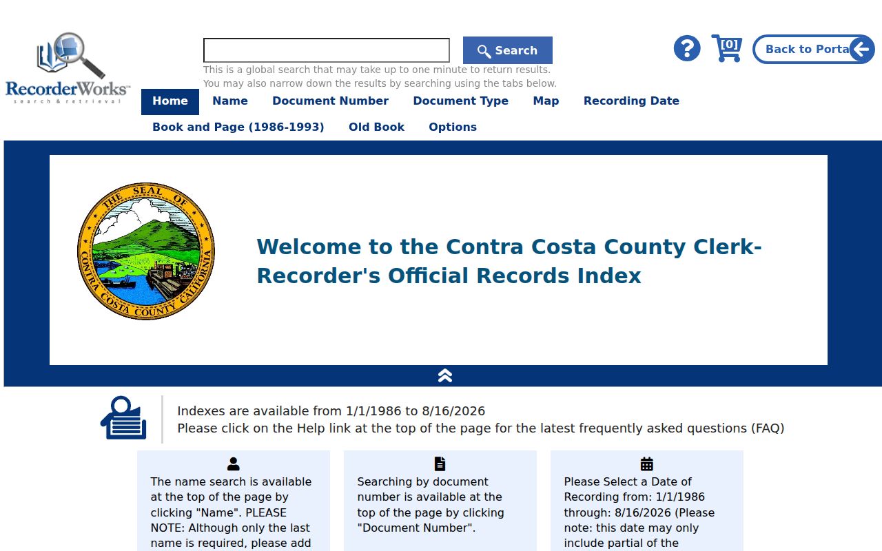 Walnut Creek street directory RecorderWorks deed index search tabs